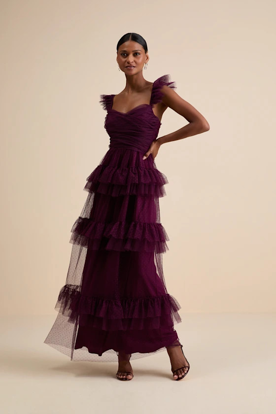 Pure Radiance Plum Purple Mesh Swiss Dot Tiered Maxi Dress | Lulus