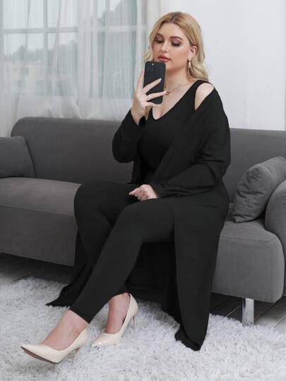 Plus Open Front Coat & Tank Top & Leggings | SHEIN