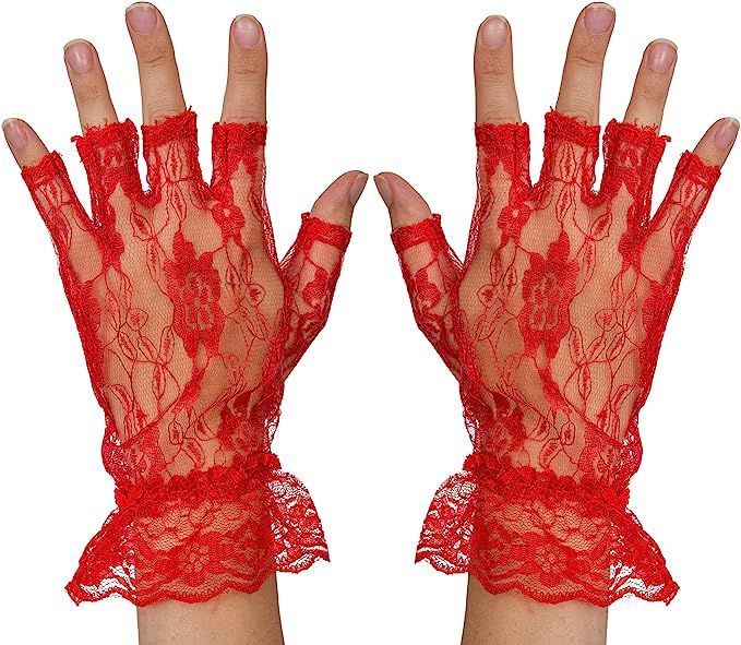 Amazon.com: Skeleteen Fingerless Lace Red Gloves - Ladies and Girls Ruffled Lace Finger Free Brid... | Amazon (US)