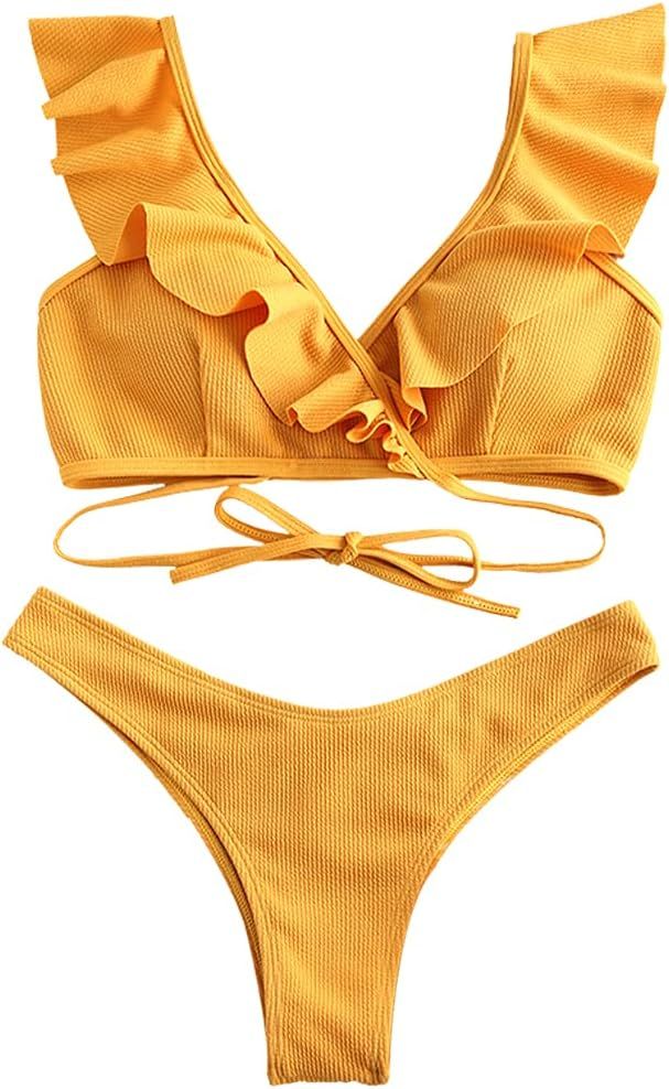 ZAFUL Women Ribbed Scrunch Butt Wrap Bikini Set, Ruffle Plunging Neck Low Rise Bathing Suit | Amazon (US)