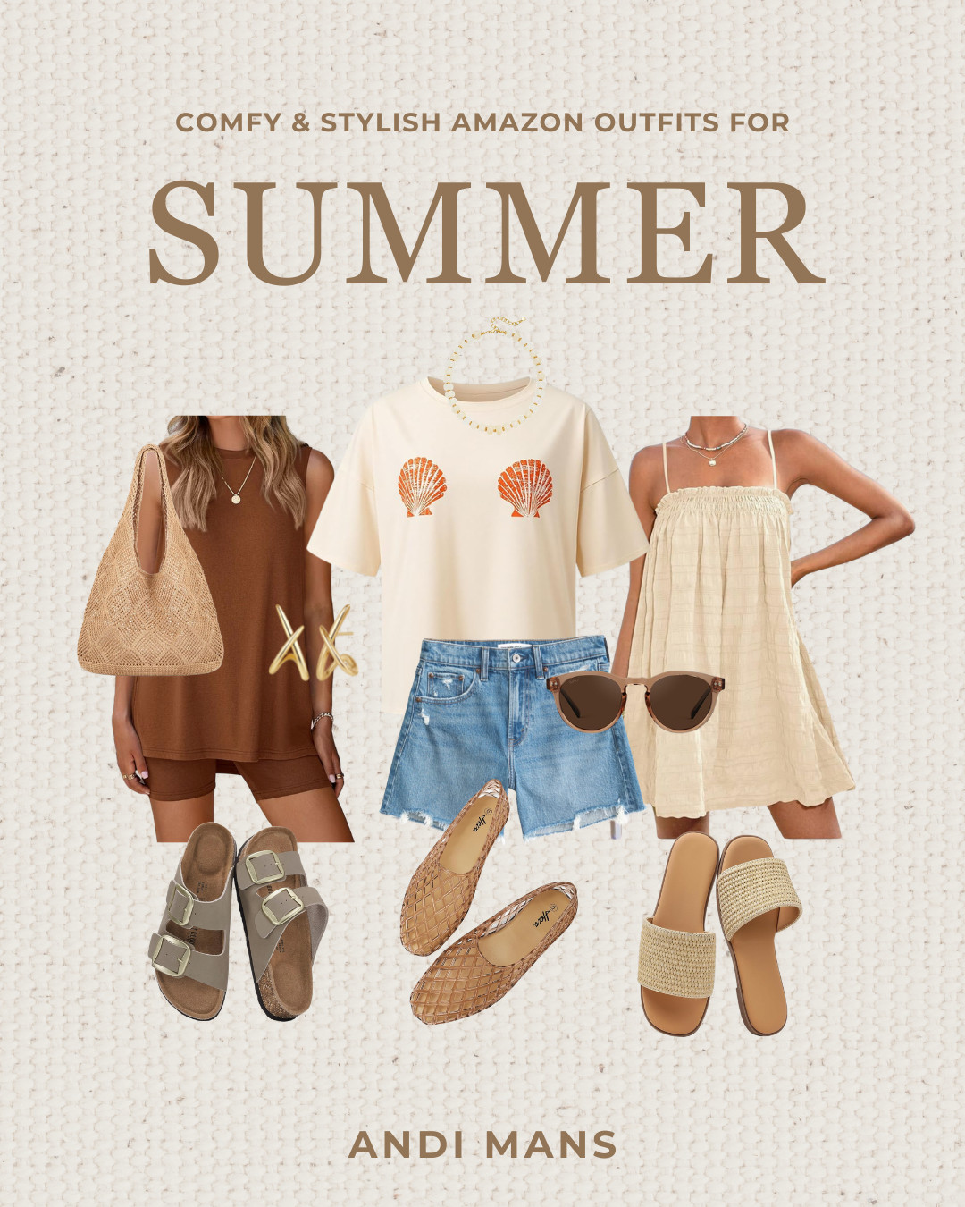 Easy summer outfits I keep on repeat. A soft shell tee + high-waisted denim shorts, an actual matching set for easy days, and a comfy throw-on dress. Styled with sandals or mesh flats for everyday. 

 #LTKootd #LTKOver40 #LTKTall