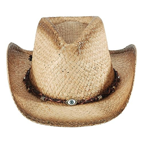 Straw Cowgirl Hat Beach Cowboy Hats for Women Men Western Straw Hat Shapeable Wide Brim Summer Cowgirl Sun Hat Evil Eyes | Amazon (US)