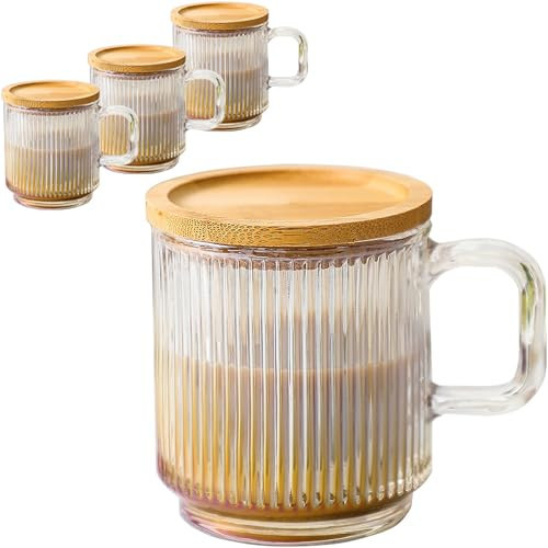 Lysenn Glass Coffee Mugs Set of 4 - Premium Classical Vertical Stripes Glass Cups with Lid - for Latte, Tea, Chocolate, Juice, Water - Lead-Free - Bamboo Lid – Iridescent | Amazon (US)