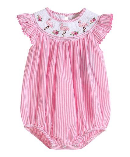 Lil Cactus Pink Stripe Flamingo Smocked Flutter-Sleeve Romper - Infant & Toddler | Zulily
