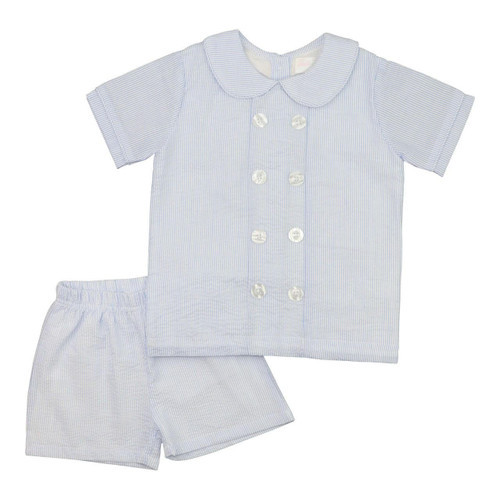 Blue Double Breasted Seersucker Stripe Short Set | Cecil and Lou