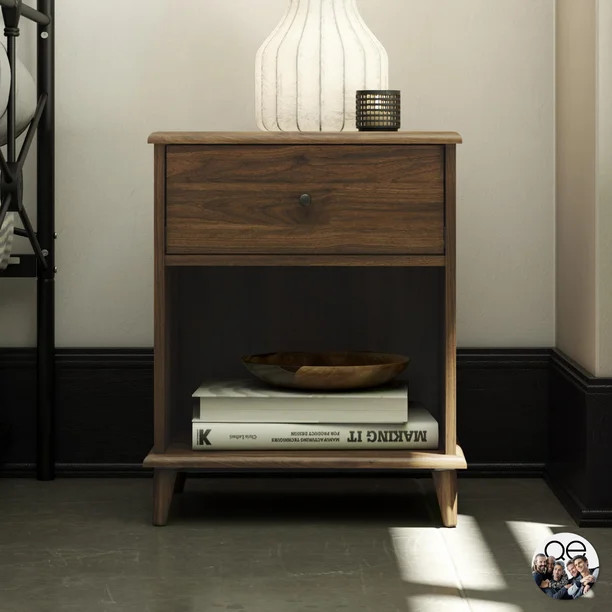 Queer Eye Farnsworth 1 Drawer Mid-Century Modern Nightstand, Walnut | Walmart (US)