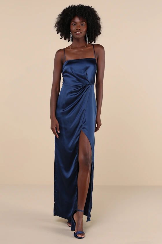 Navy Blue Satin Pleated Tulip Maxi Dress | Navy Blue Dress | Blue Wedding  | Lulus