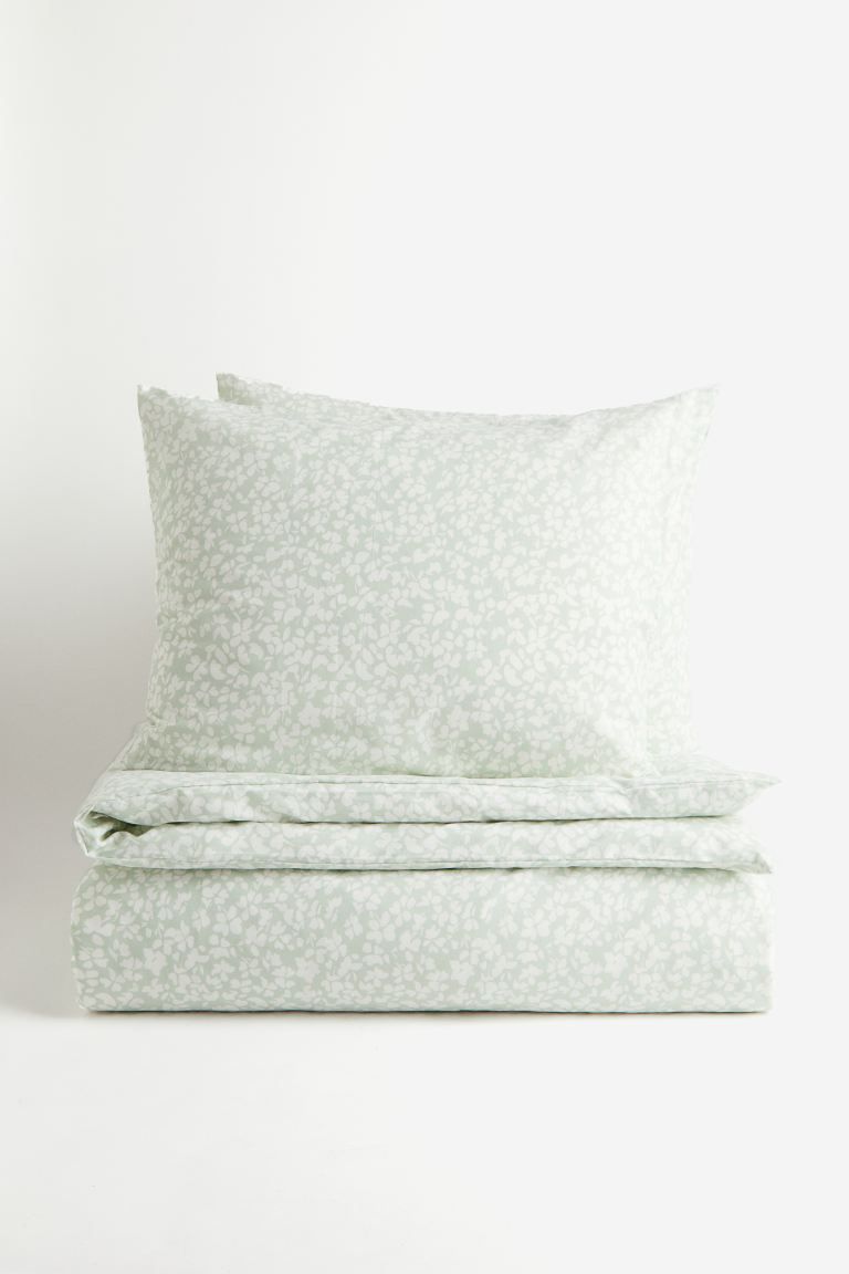 King/Queen Cotton Duvet Cover Set - Light green/floral - Home All | H&M US | H&M (US + CA)