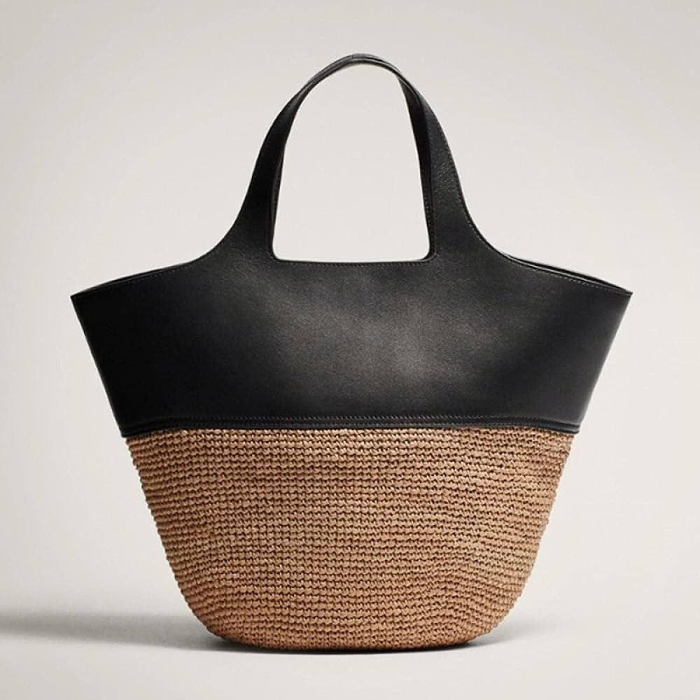 ZYYMMNN Genuine Leather Splice Straw Woven Women Shoulder Bag Tote Bags Women Beach Straw Shopper... | Amazon (US)