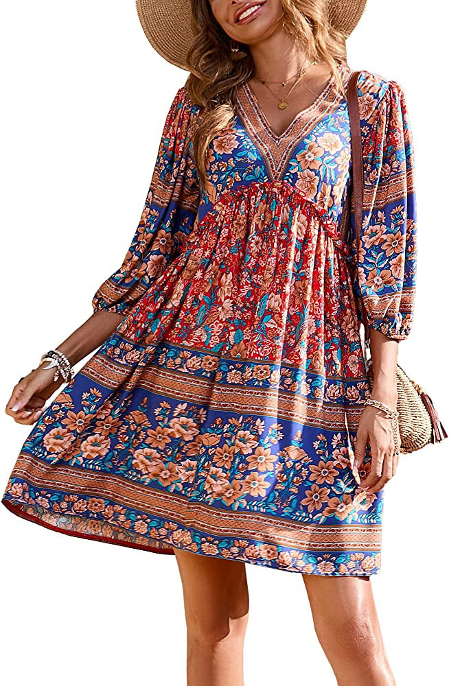 BTFBM Women Casual Spring Summer Dresses V Neck 3/4 Long Sleeve Ruffle Floral Flowy Boho Babydoll... | Amazon (US)