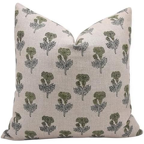 Floral Block Print Pillow Cover in Green, Blue and Tan, 20" x 20" | Amazon (US)
