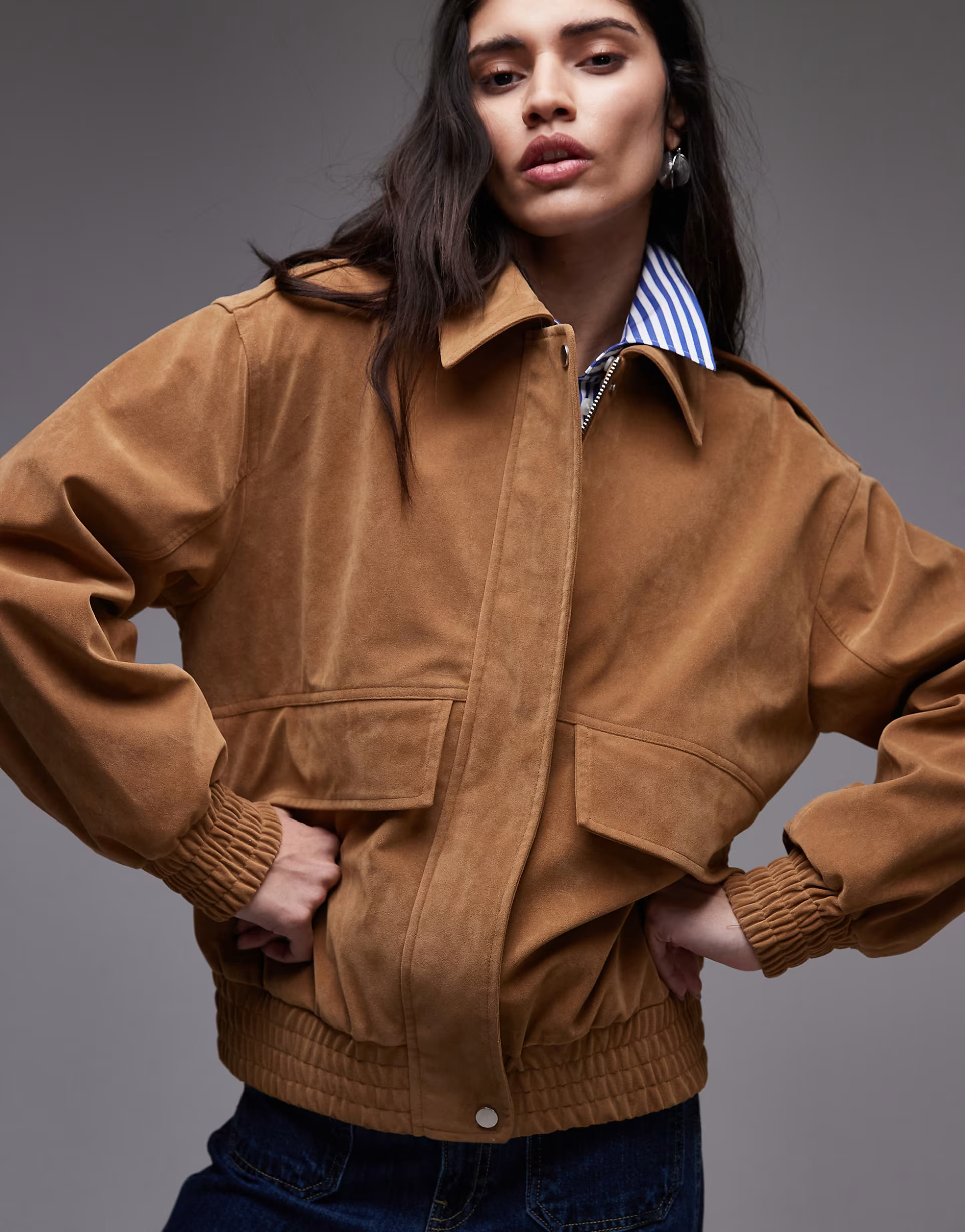 Topshop faux suede oversized bomber  in tan | ASOS | ASOS (Global)