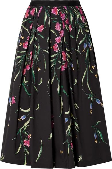 Carolina Herrera - Pleated Floral-print Cotton-blend Faille Midi Skirt - Black | NET-A-PORTER (US)
