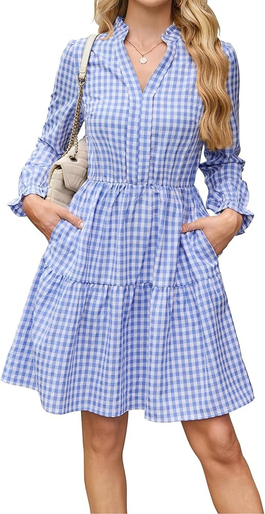 Theenkoln Womens Casual Midi Dress: Short Sleeve V-Neck Empire Waist Gingham Spring Fashion Long ... | Amazon (US)