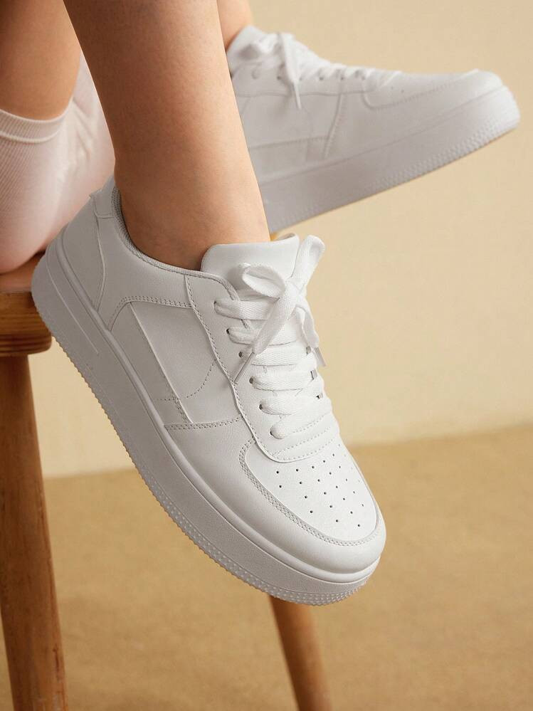 SHEIN X Lucía Bellido CUCCOO EASI Spring And Autumn Fashionable Thick-Soled Height Increasing Women's Casual Shoes With Front Lace-Up, Waterproof Platform And In White Color Casual Sports Shoes Casual Shoes Back To School Shoes College Student Shoes School Supplies Back To School Fall, Versatile Shoes For Women Shoes For Women Sneakers Spring Shoes Easter Tainers Back To School For Christmas | SHEIN