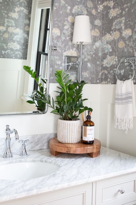 Save 25% off our half bathroom ridge pot during the McGee and Co Memorial Day sale! Linking a similar wood risers - perfect for displaying soap, plants, and candles in a bathroom. Powder room, pivot mirror, Pottery Barn 55” vanity, bathroom design. 

#LTKstyletip #LTKsalealert #LTKhome