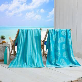 Turquoise/Teal Shell and Stripe 2-Pack 100% Cotton Printed Beach Towel | The Home Depot