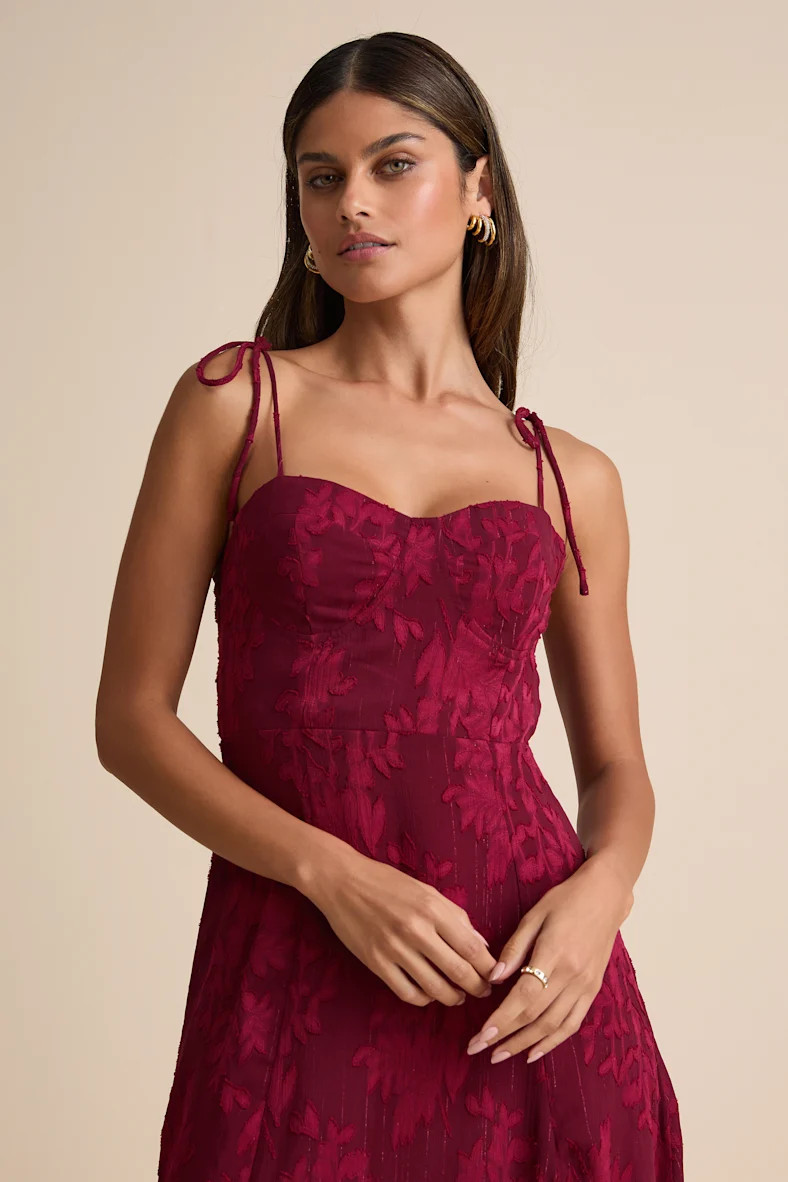 Loveliest Looks Burgundy Floral Jacquard Tie-Strap Midi Dress | Lulus