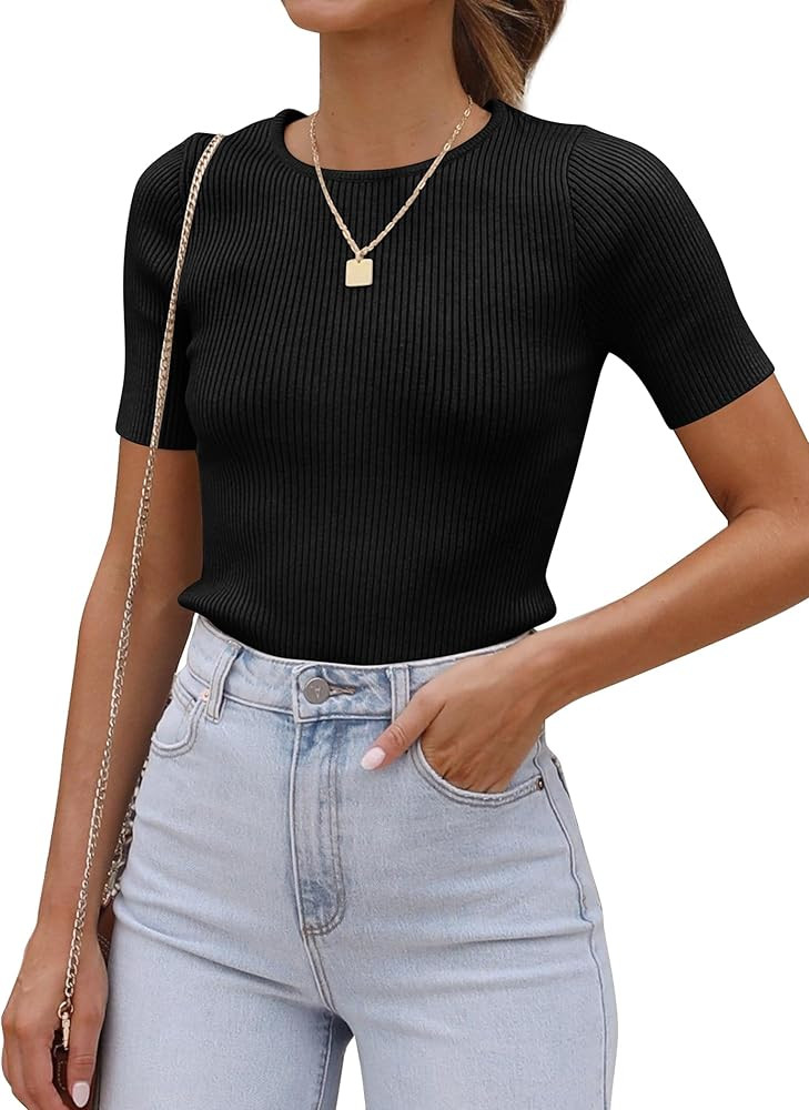SAMPEEL Womens Tops Short Sleeve Trendy Ribbed Knit Basic Tshirts | Amazon (US)