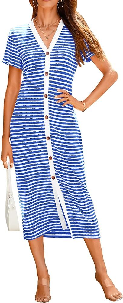 BTFBM Women Casual Summer Dresses Short Sleeve Striped Midi Dresses Decorative Button Ribbed Knit... | Amazon (US)