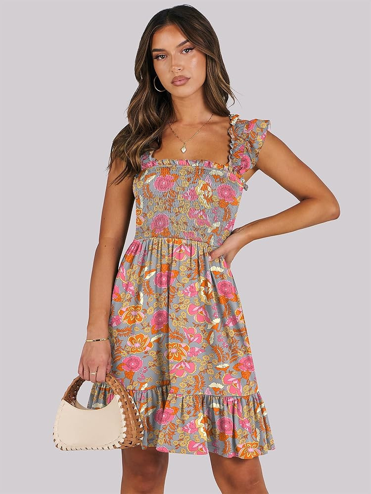 ANRABESS Women's Summer Casual Sleeveless Square Neck Dress 2026 Smocked Ruffle Backless Boho Bea... | Amazon (US)