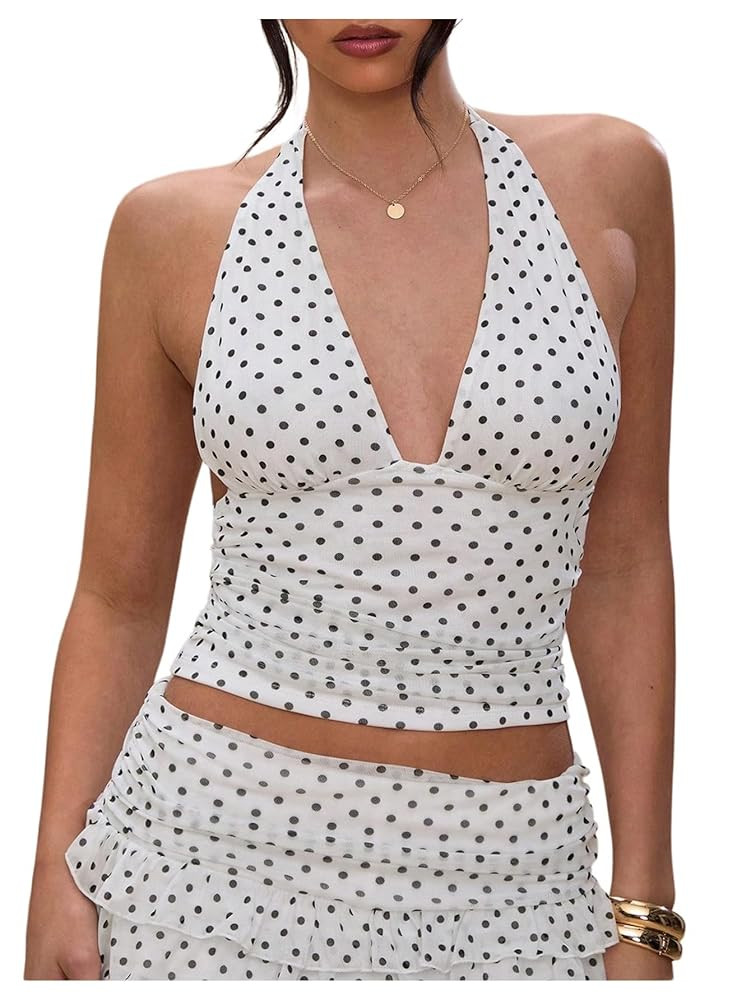 Milumia Women's Polka Dots Tie Backless Mesh Halter Crop Top Deep V Neck Ruched Party Club Tank T... | Amazon (US)