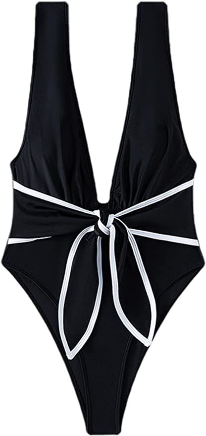 Hilinker Women's Tie Bow One Piece Swimsuit Deep V Neck Tummy Control Bathing Suit at Amazon Women’s | Amazon (US)