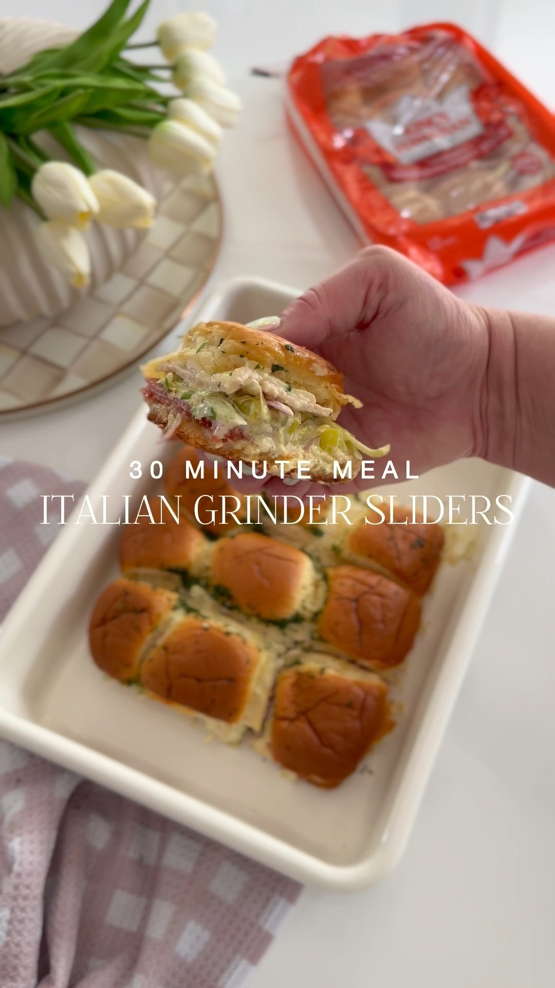Elevate your snack game with these mouthwatering Italian Grinder Sliders, made using @Kingshawaiian Sweet Rolls! Perfect for game days, parties, or family dinner! 


ITALIAN GRINDER SLIDERS
Ingredients:
﻿﻿1 pack of King's Hawalian rolls
12 slices salami
12 slices pepperoni
12 slices turkey
12 slices provolone cheese﻿
4 tbsp butter, melted 
1/2 tsp garlic salt
1/2 tsp parsley
1 tsp minced garlic
1/2 cup mayonnaise
﻿﻿1 tbsp mustard
1 tsp red wine vinegar
﻿1/2 tsp Garlic & Herb seasoning
1/4 cup sliced pepperoncinis
1/4 cup red onion, thinly sliced
Instructions:
Preheat the oven to 350°F. Slice King's Hawaiian rolls in half.
Layer the bottom half with salami, pepperoni, turkey, and provolone cheese. Replace the top buns.
Melt butter, stir in garlic salt, parsley, and minced garlic. Brush over the rolls.
Cover with foil and bake for 20 minutes.
Prepare grinder salad: mix mayonnaise, mustard, red wine vinegar, and garlic herb seasoning.
Add pepperoncinis, red onions, and lettuce. Toss to coat.
After baking, remove top buns and spread salad over the meat and cheese. Replace top buns and enjoy!

#LTKFamily #LTKHome