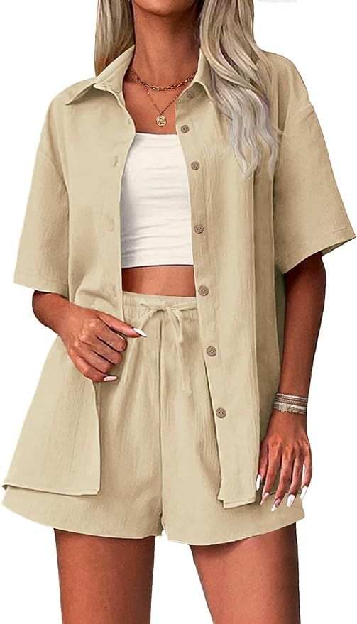Zeagoo Womens 2 Piece Outfits Cotton Linen Shirt and Drawstring Short Set 2024 Summer Vacation Se... | Amazon (US)