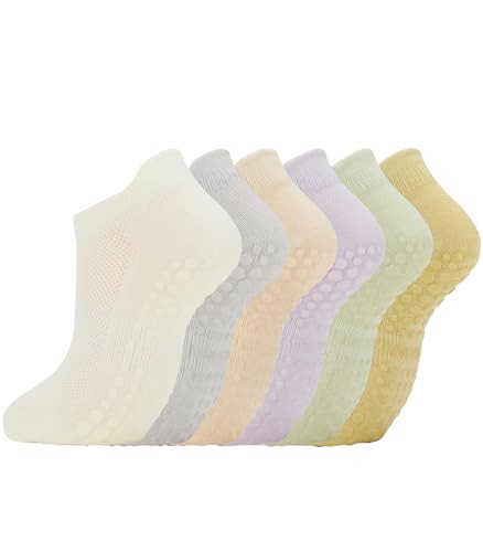 Pilates Grip Socks Non Slip Barre Socks Cute Yoga Ankle Socks Grippy Socks for Women 6 Pairs - Ivory Light Grey Cream Light Purple Light Green Light Yellow One Size | Amazon (US)