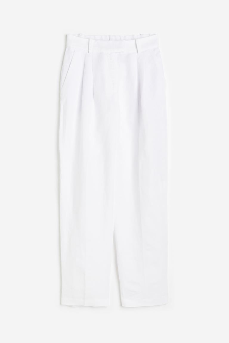 Tapered linen-blend trousers - High waist - Ankle length - White - Ladies | H&M GB | H&M (UK, MY, IN, SG, PH, TW, HK)