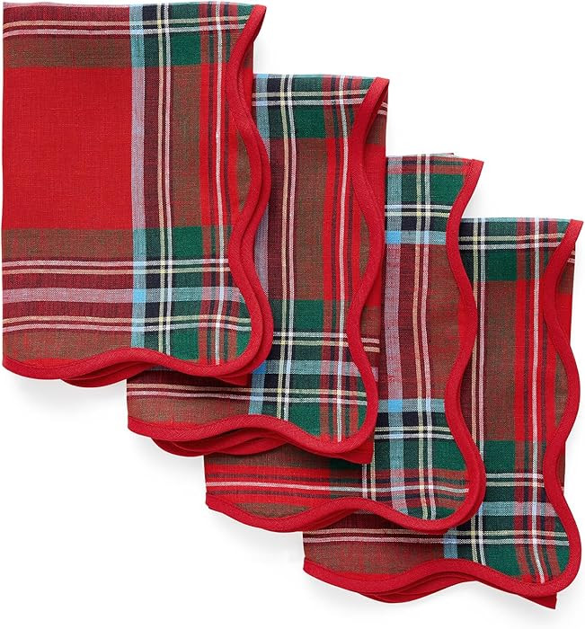 Solino Home Scallop Linen Napkins Set of 4-100% Pure Linen Red Madras Holiday Plaid Dinner Napkin... | Amazon (US)