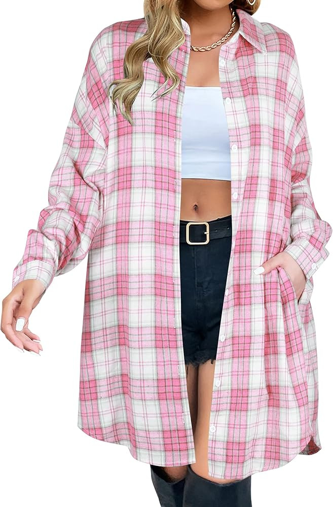 Blooming Jelly Women's Button Down Flannel Shirts Plaid Shacket Long Sleeve Collared Long Jacket ... | Amazon (US)