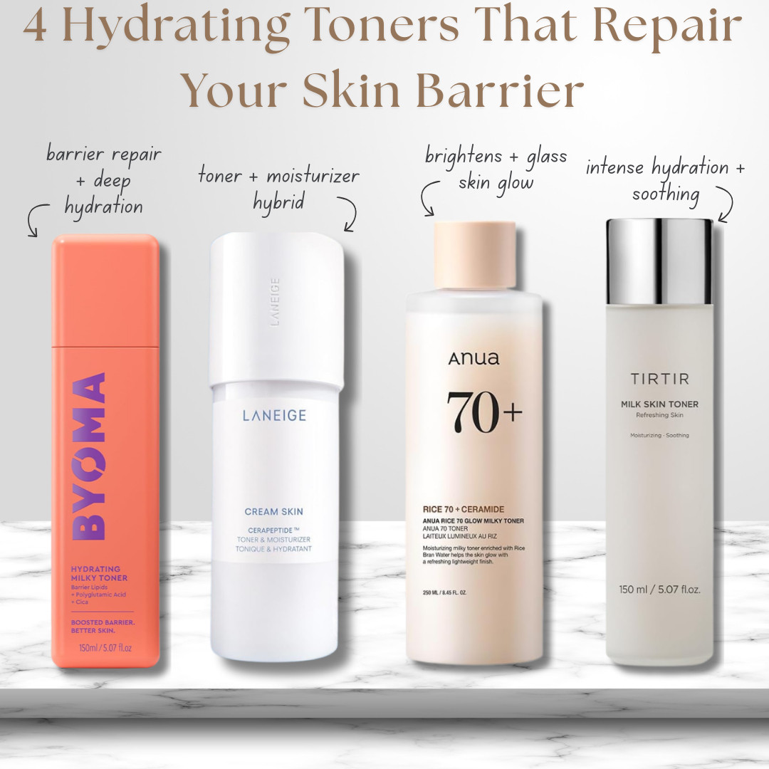 Hydrating Toners That Repair Your Skin Barrier 💦 

If your skin feels tight, irritated, or constantly dry even after moisturizing, your skin barrier may be compromised. 

The right hydrating toner can help replenish moisture, strengthen the barrier, and bring your skin back to a healthy glow. These hydrating milky toners are some of the best for repairing and supporting the skin barrier.

Here are 4 hydrating toners that help repair and restore your skin barrier:

• BYOMA Hydrating Milky Toner
A barrier-supporting toner packed with ceramides, polyglutamic acid, and cica that helps strengthen the skin barrier while delivering deep hydration.

• Laneige Cream Skin Cerapeptide Toner & Moisturizer
A toner-moisturizer hybrid that instantly hydrates and nourishes skin while helping improve barrier strength and smooth texture.

• Anua Rice 70 Glow Milky Toner
A brightening toner with rice extract and ceramides that helps improve dull skin while boosting hydration and creating a glass-skin glow.

• TIRTIR Milk Skin Toner
A deeply hydrating milky toner that soothes irritation, replenishes moisture, and helps support a healthy skin barrier.

Perfect for:
• Dry skin
• Damaged skin barrier
• Dehydrated skin
• Sensitive skin
• Glass skin routines
• Hydrating skincare routines

↓ Everything is linked! 

#LTKselfcare #LTKgrwm #LTKBeauty