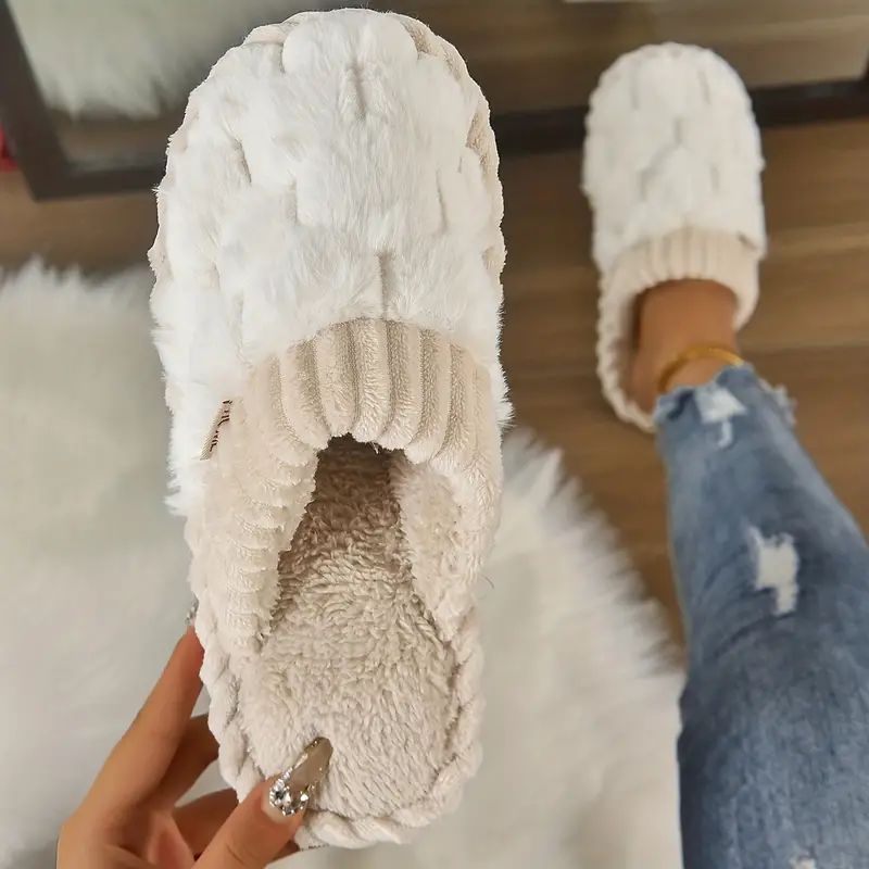 Colorblock Faux Fur Slippers, Casual Slip On Plush Lined Shoes, Comfortable Indoor Home Slippers | Temu Affiliate Program