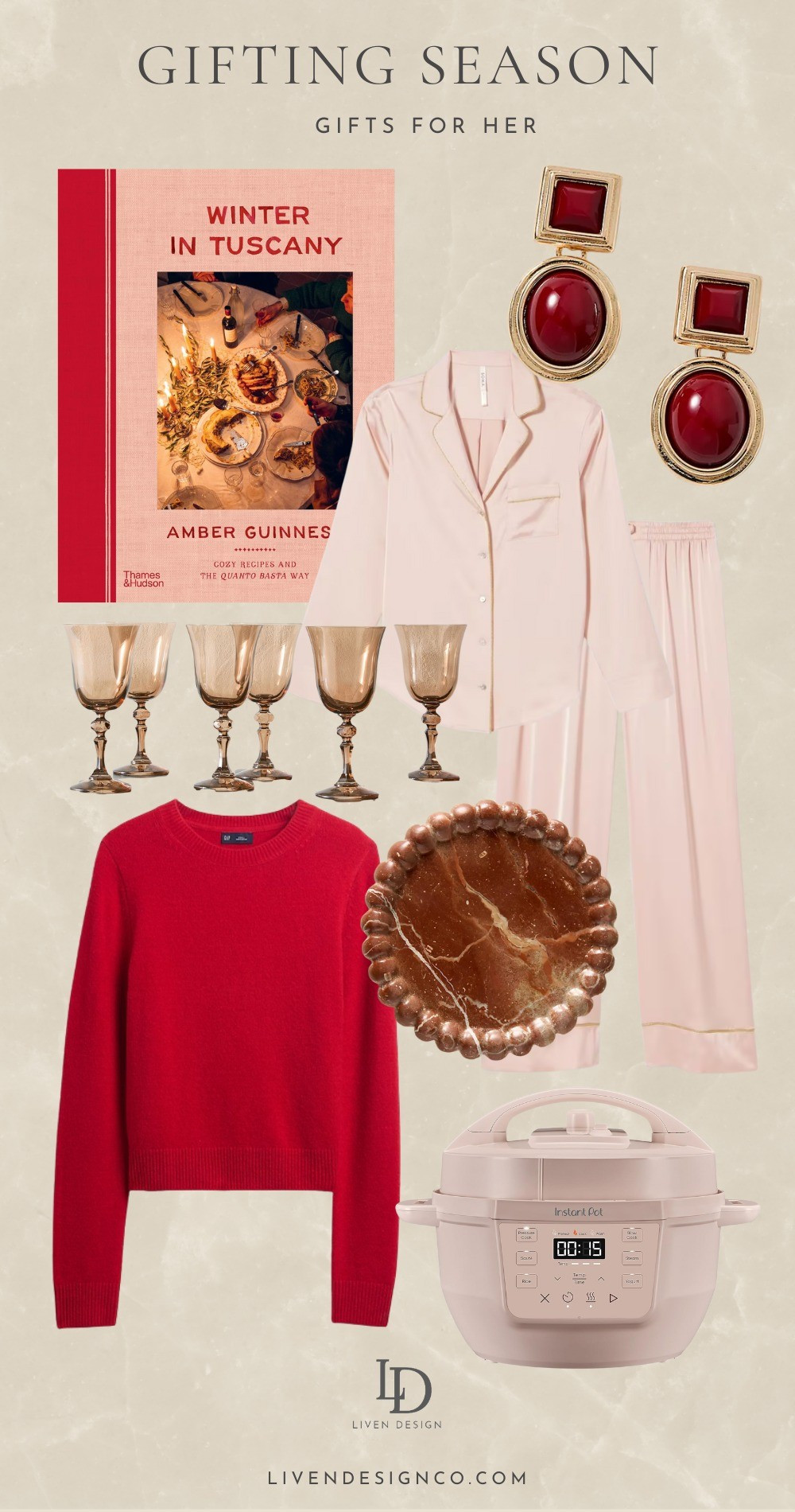 Gift guide. Gift for her. Christmas gift ideas. Earrings. Cashmere sweater. Red sweater. Cookbook. Crockpot. Wine glasses. Pajamas. Satin pajamas set. Wine coaster. Gift under $100. Gift under $75

#LTKCyberWeek #LTKGiftGuide #LTKSaleAlert
