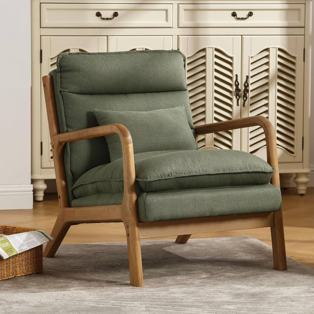 INZOY Mid Century Modern Accent Chair with Wood Frame, Upholstered Reading Armchair with Waist Cu... | Amazon (US)