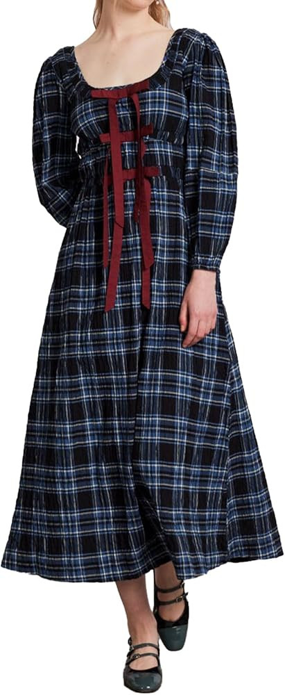 Women Plaid Maxi Dress Long Puff Sleeve Square Neck Flowy Boho Dress Bow Tie Smocked Fall Dresses | Amazon (US)