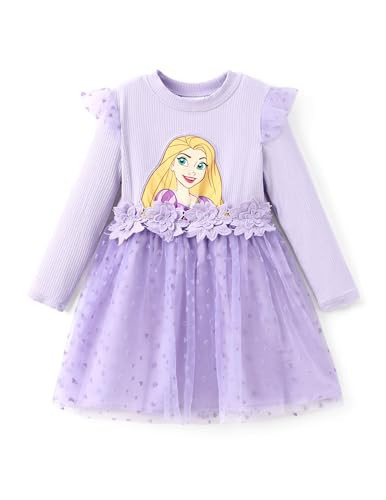Disney Princess Rapunzel Toddler Girl Dress Ruffle Tulle Long Sleeve Little Girls Tutu Dresses Flower Belt Birthday Party Mesh Fall Clothes Casual Outfit Christmas Costume Purple 5-6 Years | Amazon (US)