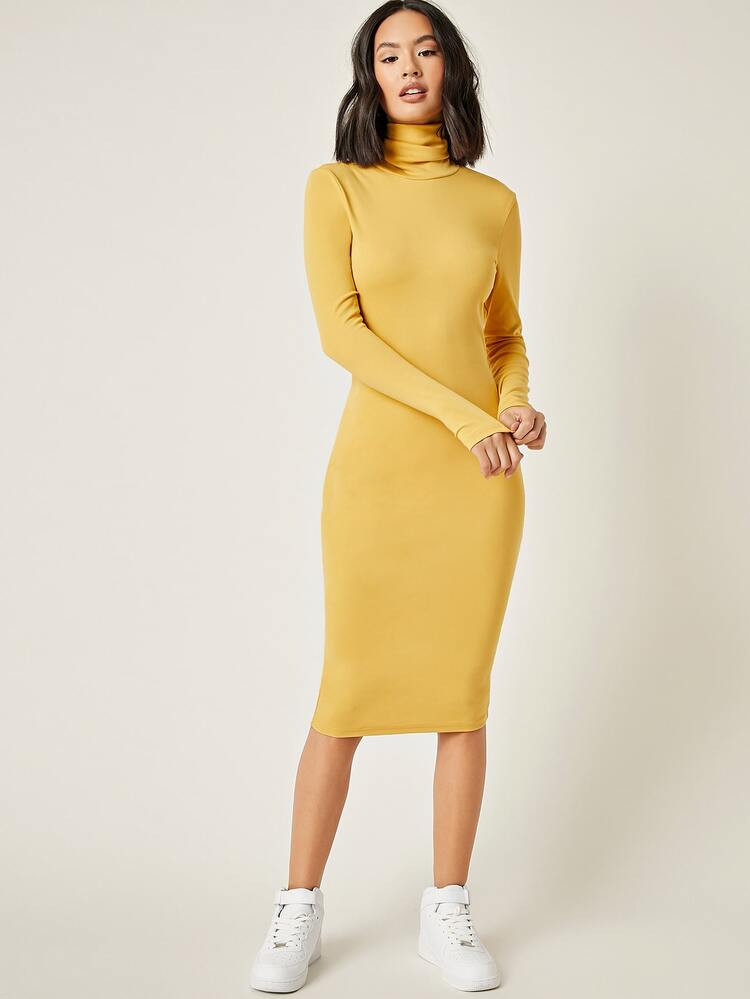 SHEIN BASICS High Neck Solid Bodycon Dress | SHEIN