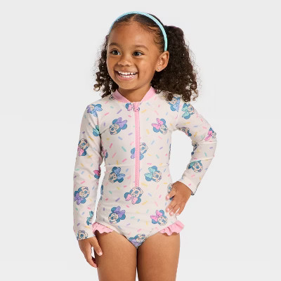 Toddler Girls' Disney Long Sleeve Minnie Mouse Sprinkle Printed One Piece Rash Guard - White 3T | Target