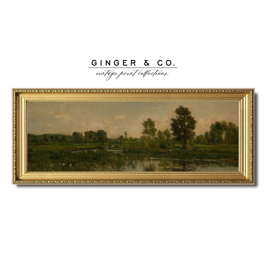 Moody Panoramic Landscape Print - Vintage Oil Painting, Fishing in the Marshes, French Country Co... | Etsy (US)