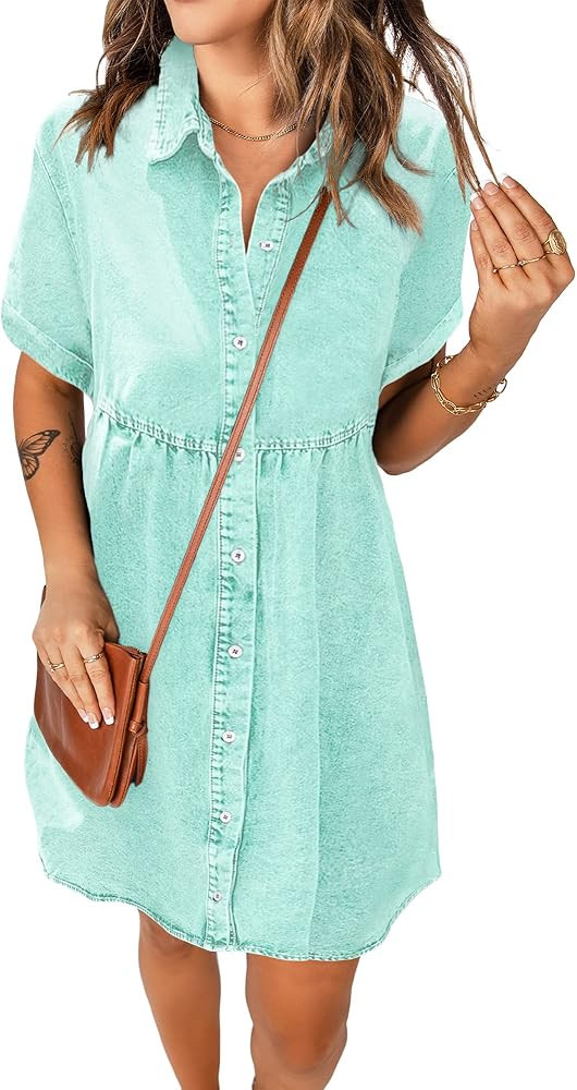 luvamia Women's Casual Short Sleeve Button Down Tiered Denim Babydoll Jean Dress | Amazon (US)