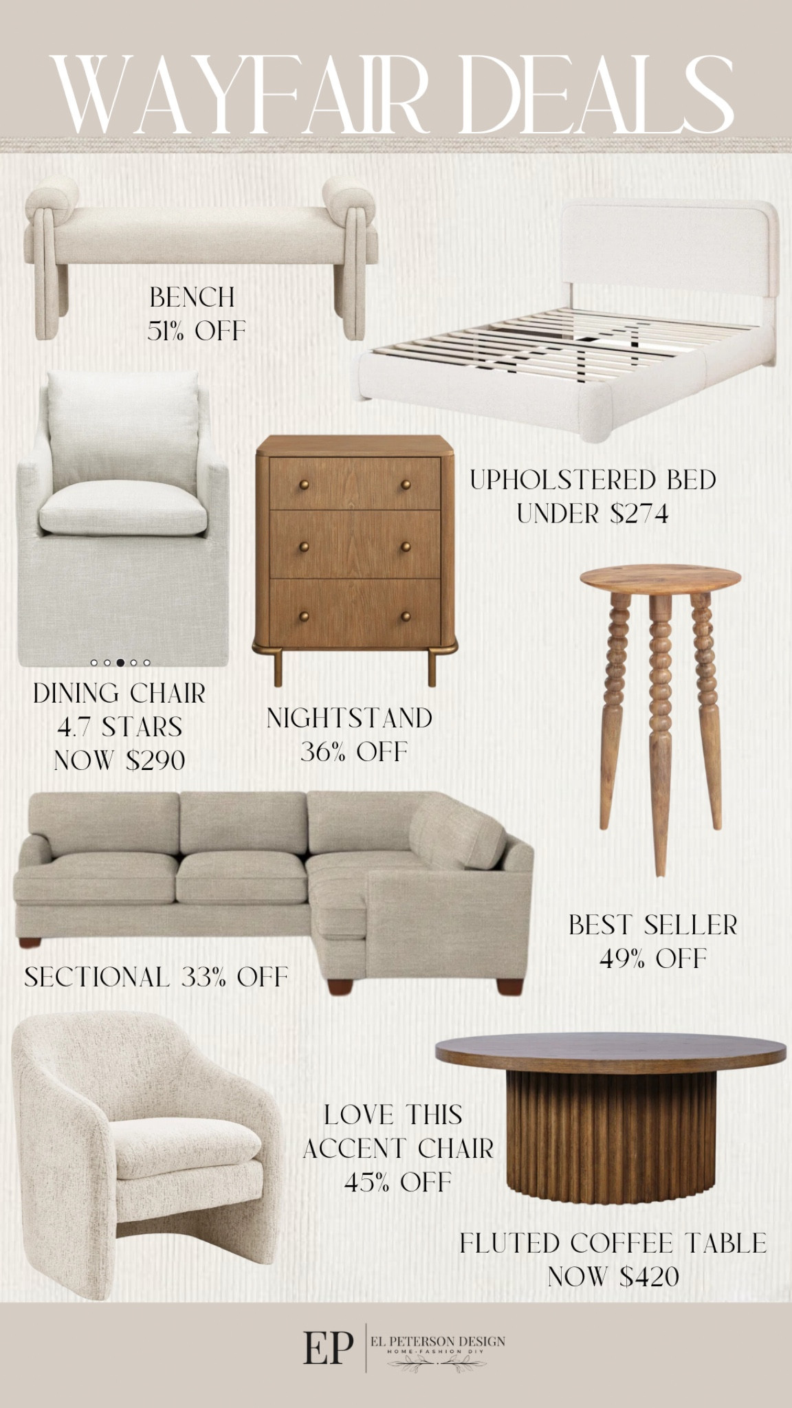 Wayfair deals
Accent Chair
Dining chair 
Sectional
Coffee table
Upholstered bed
Bench 

#LTKHome #LTKSaleAlert