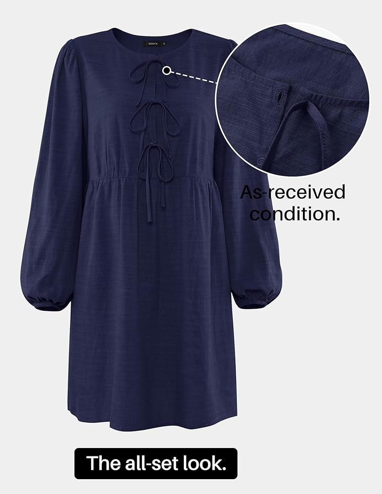 ZESICA Women's Dress Fall Long Puff Sleeve Self Tie Front Babydoll A Line Pleated Cute Mini Tunic... | Amazon (US)