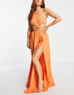 ASOS DESIGN halter maxi beach dress in orange crinkle | ASOS (Global)