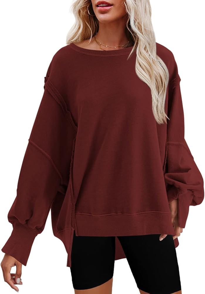 Nirovien Womens Oversized Crewneck Sweatshirt Side Slit Long Sleeve Pullover Slouchy Fit Tops | Amazon (US)