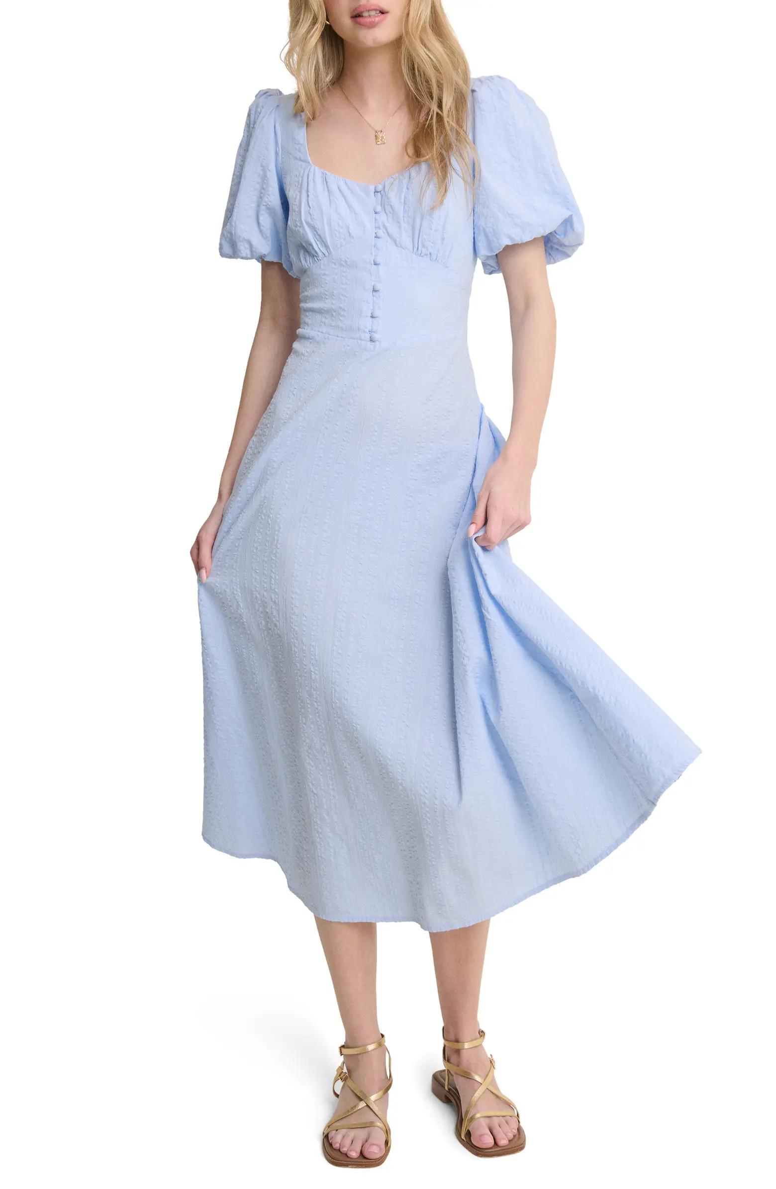 Nobody's Child Melody Texture Puff Sleeve Organic Cotton Midi Dress | Nordstrom | Nordstrom