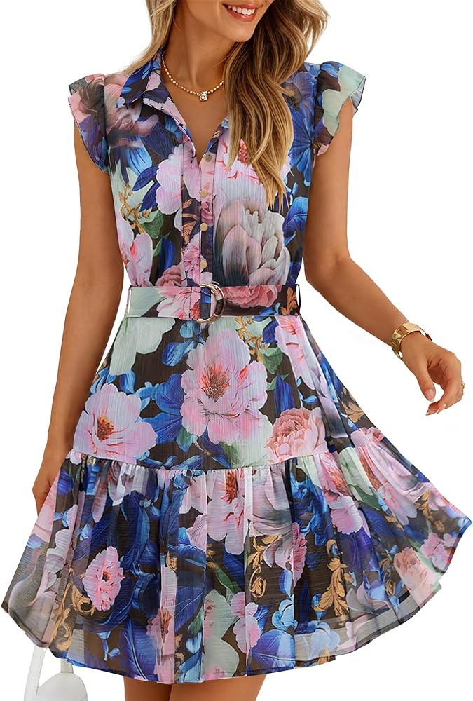 ZESICA Womens Summer Boho Floral Mini Dress 2026 Flutter Short Sleeve Button Chiffon A Line Beach... | Amazon (US)