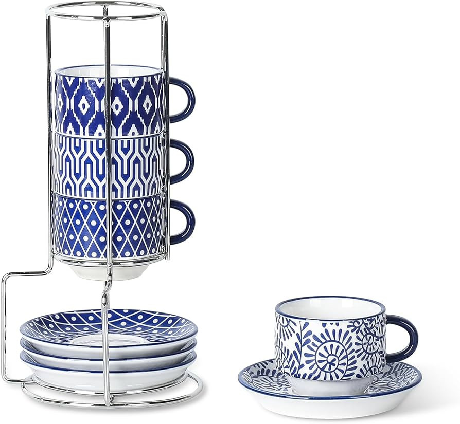 Selamica Ceramic Espresso Cups with Saucers and Metal Stand, 2.5 OZ Stackable Demitasse Cups for ... | Amazon (US)